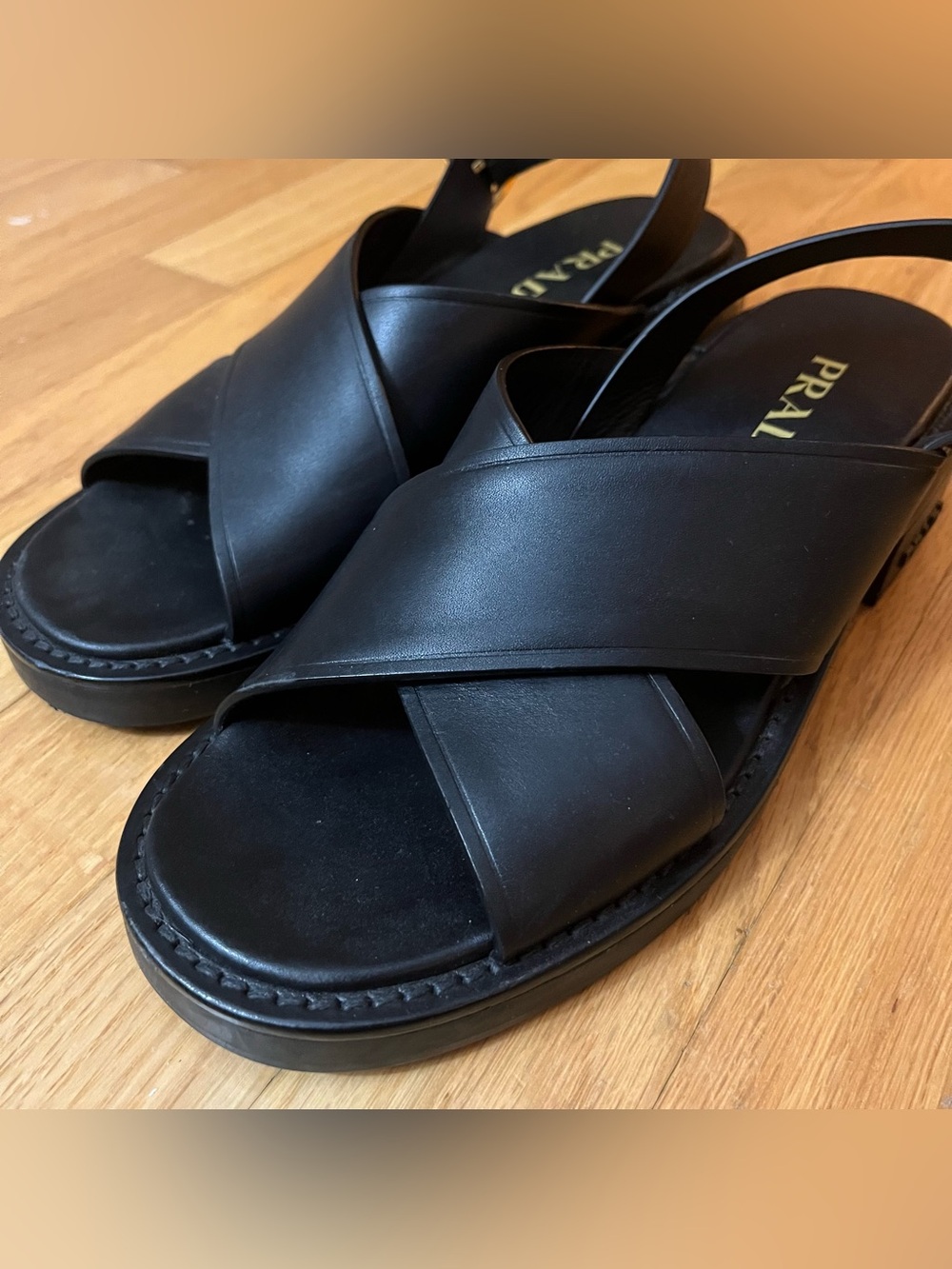 Prada Black Leather Crisscross Slingback Sandals 45mm Women's Size 37.5 7.5 - Picture 8 of 16